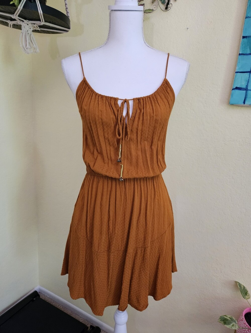 Free People Erin Mini Dress Spaghetti Strap Rust Brown Sundress Sz XS